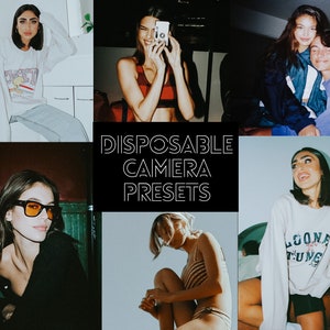 May include: A collage of images featuring people using disposable cameras. The text "DISPOSABLE CAMERA PRESETS" is in the centre of the collage.
