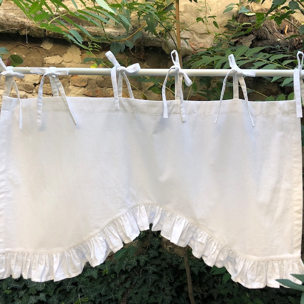 Tie Top White or Beige Cotton Valance Cottage Shabby Chic Custom Size French Country Style Curtains Ruffle Window Treatment  Cafe Curtain