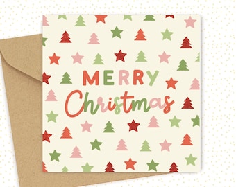 Merry Christmas Greeting Card, Christmas Tree and Star pattern with Red glitter Vinyl, Festive Card
