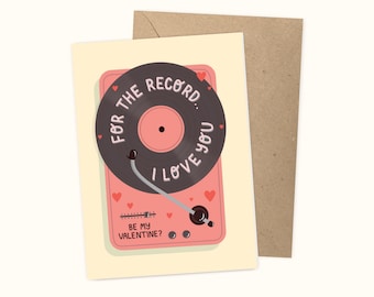 For the record.. I love you, Valentines Card, Record player, music pun, Anniversary card