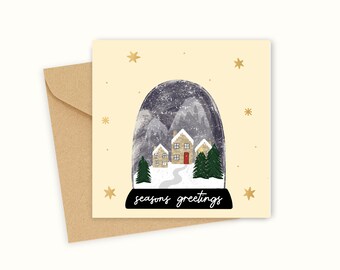 Snow Globe illustration, Seasons Greetings, Christmas Card, Gold Vinyl Stars, Snowy scene with Christmas Tree