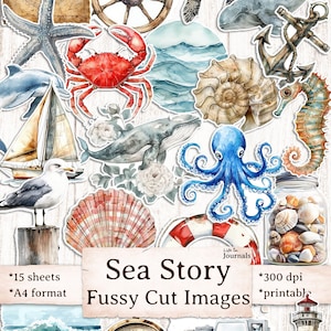 Sea Story Fussy Cut Aquarell Bilder, Nautische Ephemera Printable, Ozean & Segeln Verzierungen, Marine Junk Journal Kit, Scrapbooking