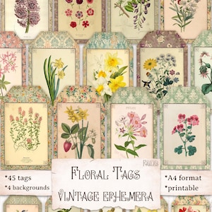 Vintage Floral Tags Printable, Botanical Ephemera for Junk Journal, Art Journal, Scrapbook, Collage Sheet, Floral Gift Tags, Spring Labels