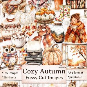 May include: A collection of watercolour illustrations with an autumn theme. The image includes pumpkins, an owl, a camera, and a typewriter. There's also a cosy armchair, hot chocolate, and the text "Cozy Autumn Fussy Cut Images."