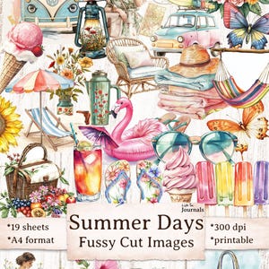 Images de coupes difficiles d'été, Journal indésirable à imprimer, Stickers aquarelle Bullet Journal, images numériques de scrapbooking, feuille de collage, fabrication de cartes