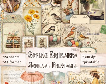 Kit de efímeros de primavera, imprimible para diario de recortes con estética vintage, álbum de recortes de Pascua, bolsillos, pájaros, flores, etiquetas, collage, estilo shabby chic.