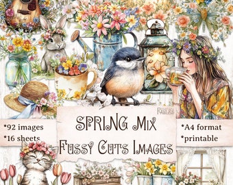 Spring Mix Fussy Cuts Images, Junk Journal Printable, Cottagecore Aesthetic, Bullet Journal Stickers, Rustic Art Journal Scrapbook Digitals