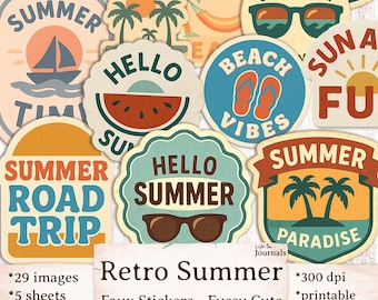 Retro Summer Faux Stickers – Printable Fussy Cuts for Junk Journals & Scrapbooking, Journaling, Planner, Embellishments, Vacation Ephemera