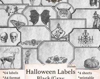 Black & Gray Vintage Halloween Labels, Junk Journal Printable Ephemera, Antique Images, Spooky Labels, Scrapbook, Haunted Journal Tags