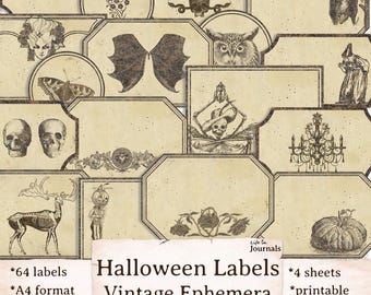 Vintage Halloween Labels, Junk Journal Printable Ephemera, Tags, Labels, Brown Grunge Shabby, All HallowsEve, Scrapbook, Spooky