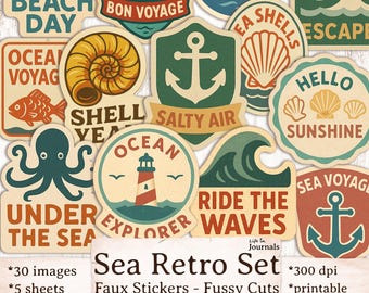 Sea Retro Fussy Cuts – 30 Printable Faux Stickers for Journaling, Ocean & Sailing Embellishments, Marine Junk Journal Kit, Scrapbooking