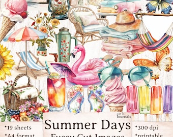 Summer Fussy Cuts Images, Junk Journal Printable, Watercolor Bullet Journal Stickers, Scrapbooking Digitals, Collage Sheet, Card making