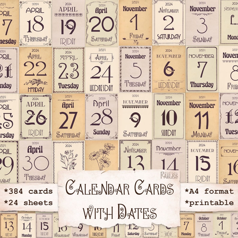 Vintage Style Calendar Cards With Dates 2024 BEIGE, Mini Calendar, Junk