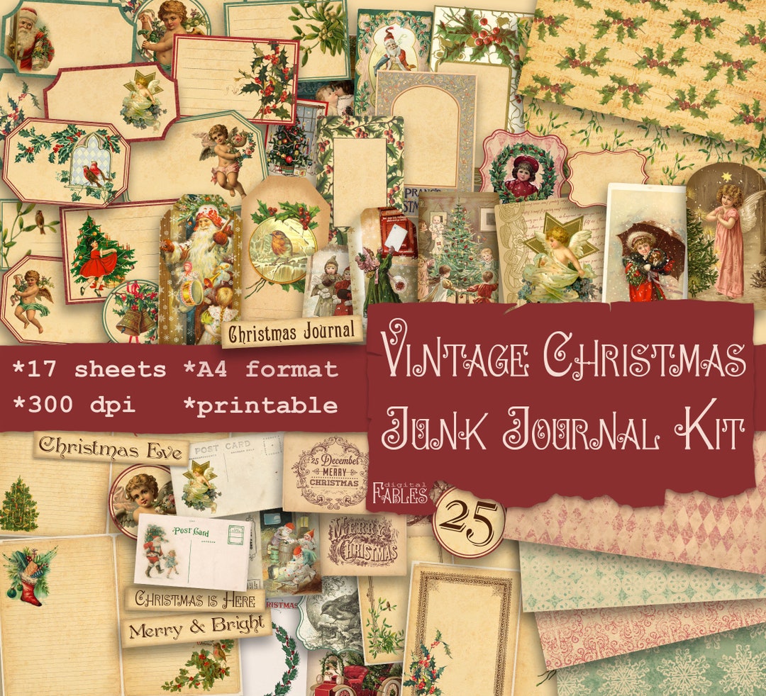 Vintage Christmas Junk Journal Kit, Journal Pages, Tags, Labels ...