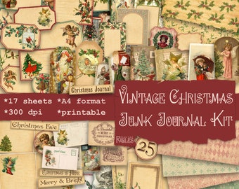 Vintage Christmas Junk Journal Kit, Journal Pages, Tags, Labels, Pattern Papers, Ephemera, Instant Download, Scrapbook Kit, Christmas Images