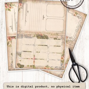 May include: Printable vintage-style journal pages with floral and butterfly designs. The pages are divided into sections with blank spaces for writing or drawing. The text "instant download you print" is visible in a circle.
