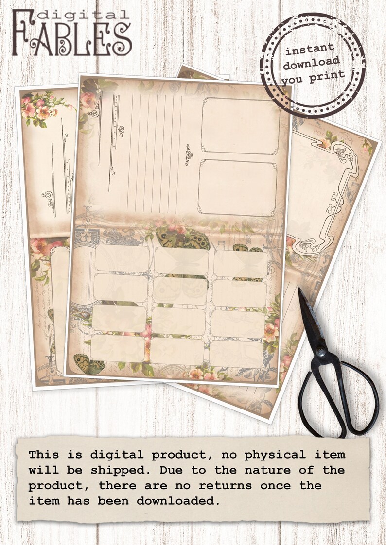May include: Printable vintage-style journal pages with floral and butterfly designs. The pages are divided into sections with blank spaces for writing or drawing. The text "instant download you print" is visible in a circle.