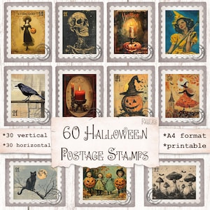 Sellos postales falsos de Halloween, efímeras para álbumes de recortes, imprimibles para diario basura, terror, fabricación de tarjetas, víspera de Todos los Santos, hoja de collage, espeluznante