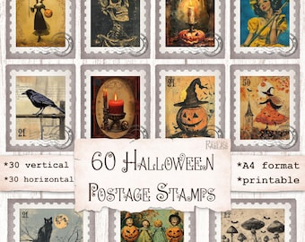 Halloween Faux Postage Stamps, Scrapbook Ephemera, Junk Journal Printable, Horror, Card Making, All Hallows Eve, Collage Sheet, Spooky
