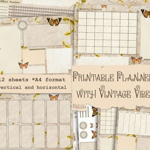 May include: A printable planner with a vintage vibe featuring butterflies and floral accents. The planner includes a habit tracker, daily planner, monthly planner, and yearly plan. The text "Printable Planner with Vintage Vibe" is displayed in a decorative font.
