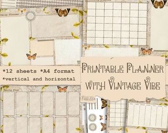 Printable Vintage Planner: yearly, monthly, weekly, daily plans. Undatet digital planner. Organizer. Vertical & horizontal. Instant Download