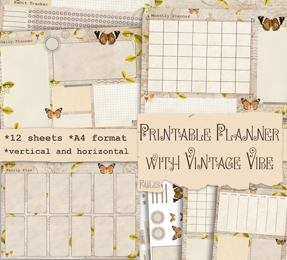 Printable Vintage Planner: yearly, monthly, weekly, daily plans. Undatet digital planner. Organizer. Vertical & horizontal. Instant Download