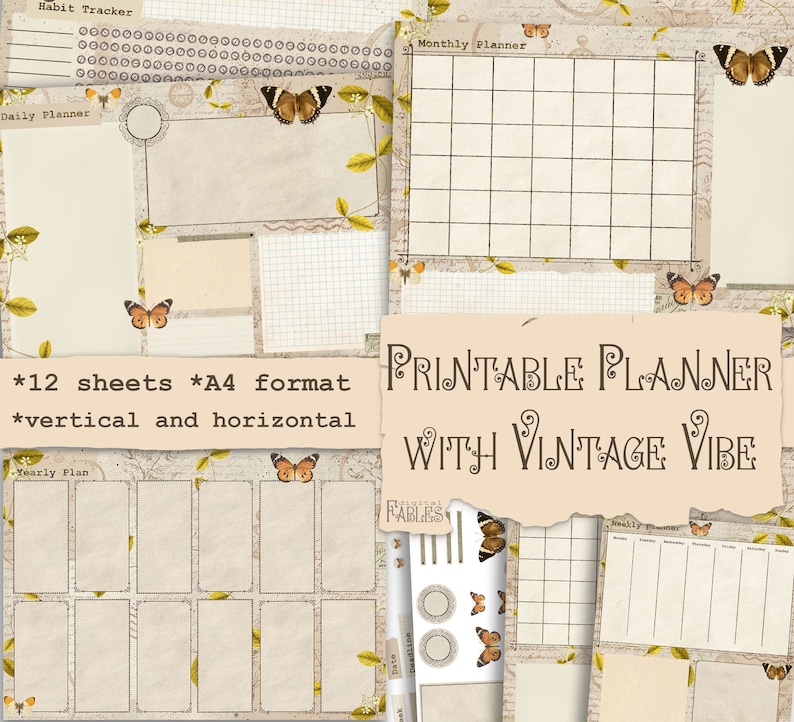 May include: A printable planner with a vintage vibe featuring butterflies and floral accents. The planner includes a habit tracker, daily planner, monthly planner, and yearly plan. The text "Printable Planner with Vintage Vibe" is displayed in a decorative font.