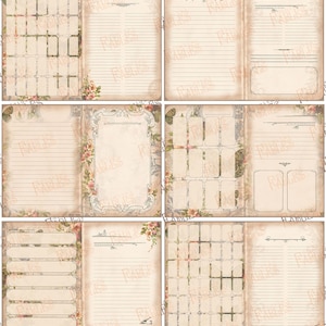 May include: A set of six printable journal pages with different layouts. The pages feature a vintage aesthetic with floral accents and a faded background. Each page has a different layout, including lined pages, grid pages, and blank pages.