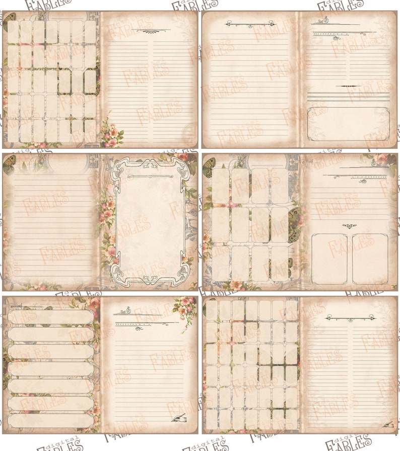 May include: A set of six printable journal pages with different layouts. The pages feature a vintage aesthetic with floral accents and a faded background. Each page has a different layout, including lined pages, grid pages, and blank pages.