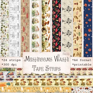 Paddestoelen Washi Tape Strips, afdrukbare ongewenste dagboek, vintage epehemera, planner, plakboekbenodigdheden, collage, digitale download, faux-washi