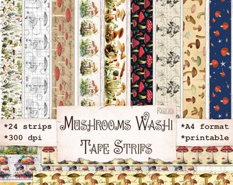 Mushrooms Washi Tape Strips, Junk Journal Printable, Vintage Epehemera, Planner, Scrapbook Supplies, Collage, Digital Download, Faux Washi