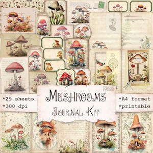 Mushrooms Journal Kit, Junk Journal Digital Printable, Scrapbook Kit, Vintage Shabby Mushrooms Ephemera, Woodland, Instant Download