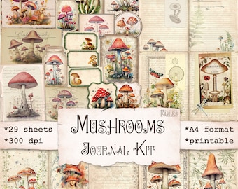 Mushrooms Journal Kit, Junk Journal Digital Printable, Scrapbook Kit, Vintage Shabby Mushrooms Ephemera, Woodland, Instant Download
