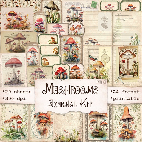 Mushrooms Journal Kit, Junk Journal Digital Printable, Scrapbook Kit, Vintage Shabby Mushrooms Ephemera, Woodland, Instant Download