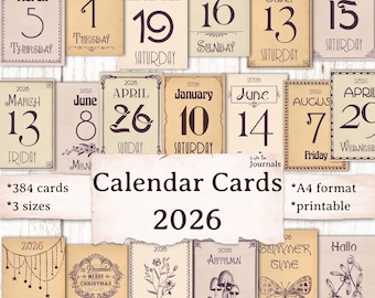 2026 Vintage Style Calendar Cards with Dates BEIGE, Mini Calendar, Junk Journal Ephemera, Bullet Journal, Planner, Printable Download, Label