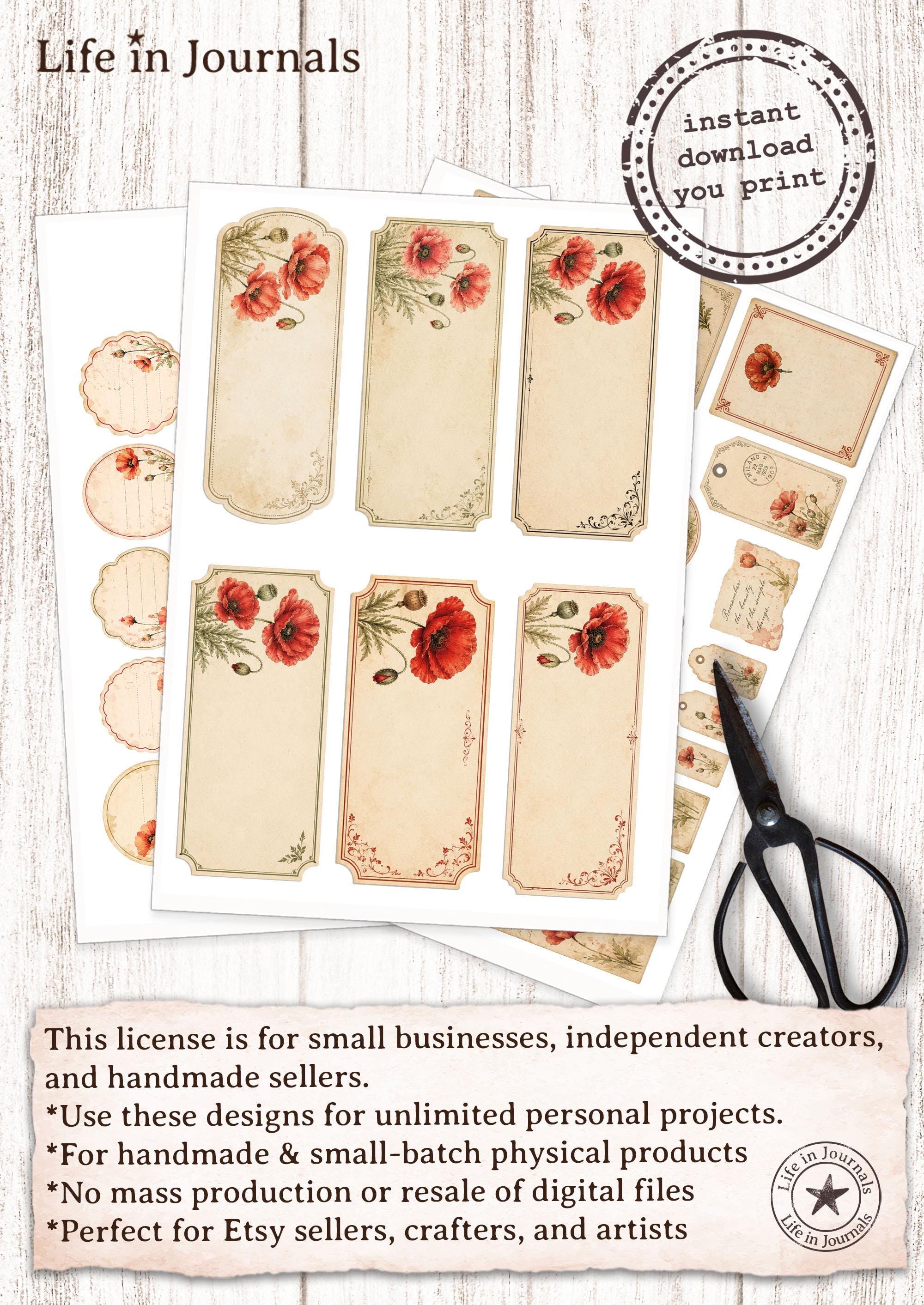 Poppy Labels & Tags Printable, Vintage Botanical Ephemera, Junk Journal ...