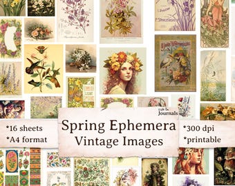 Spring and Summer Vintage Images Digital Kit, Junk Journal Printable, Scrapbook Floral Ephemera, Collage Sheet, Instant Download