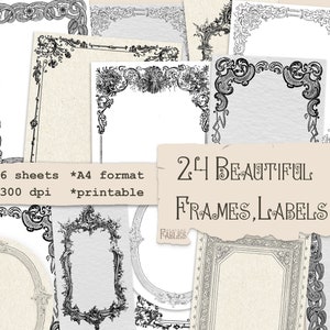 24 bellissime cornici/etichette, download istantaneo stampabile digitale, cornici ornate, abbellimento, cornici vintage, elementi collage, album di ritagli
