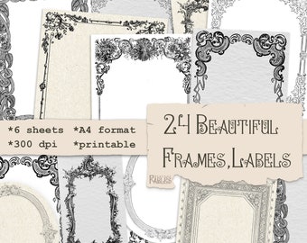 24 Beautiful Frames/Labels, Digital Printable Instant Download, Ornate Frames, Embellishment, Vintage Frames, Collage Elements, Scrapbook