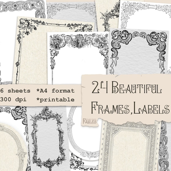 24 Beautiful Frames/Labels, Digital Printable Instant Download, Ornate Frames, Embellishment, Vintage Frames, Collage Elements, Scrapbook