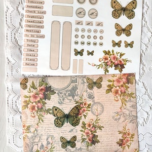May include: A sheet of planner stickers with a floral and butterfly design. The stickers include a variety of labels, such as "This Week", "Wish List", "Tomorrow", "Remember", "Check List", "Urgently", "Deadline", "Importans", "Meeting", "To Do List", "Today", "Date", "Idea", "Goals", "Plans", and "Relax".