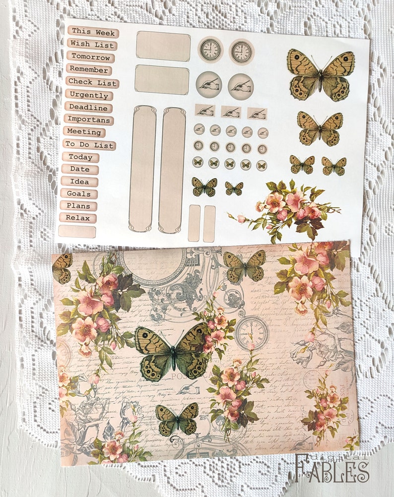 May include: A sheet of planner stickers with a floral and butterfly design. The stickers include a variety of labels, such as "This Week", "Wish List", "Tomorrow", "Remember", "Check List", "Urgently", "Deadline", "Importans", "Meeting", "To Do List", "Today", "Date", "Idea", "Goals", "Plans", and "Relax".