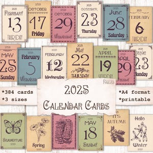 Calendario 2025 in stile vintage con date, mini calendario, effimeri di diario spazzatura, diario proiettile, pianificatore, download stampabile, etichette