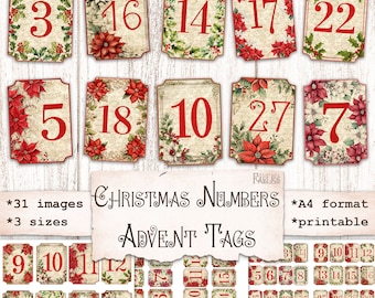 Christmas Numbers, Advent Tags, Printable Scrapbook Vintage Ephemera, Junk Journal Supplies, Shabby December Daily, Advent Calendar Digital