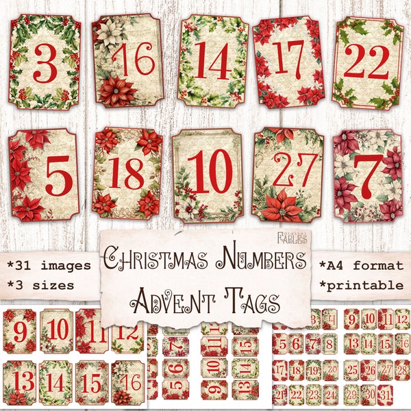 Christmas Numbers, Advent Tags, Printable Scrapbook Vintage Ephemera, Junk Journal Supplies, Shabby December Daily, Advent Calendar Digital