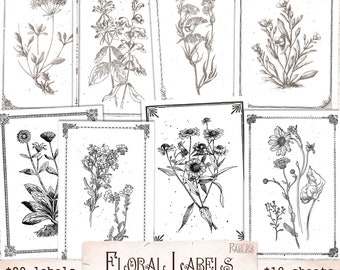 Monochromatic Floral Labels for Junk Journal, Scrapbooking, Collage, Vintage Beige and Black, Printable Botanical Ephemera, Digital