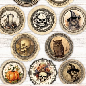 May include: Set of eight printable sheets of Halloween themed round fussy cuts. Each sheet contains six round images with vintage style frames. The images include a black cat wearing a witch's hat, a skull with flowers, an owl, a pumpkin, a skull with a top hat and flowers, and a witch.