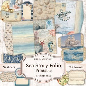 May include: A collection of printable paper elements with a sea theme. Includes various designs featuring seashells, seahorses, whales, and nautical elements. The text "Sea Story Folio Printable" is displayed on a decorative label. Includes 37 elements and is A4 format.