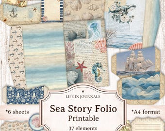 Sea Story Folio - Nautical Printable Junk Journal Folio with Pockets, Tags & Vintage Ocean Ephemera, Instant Download