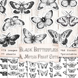 Schwarze Schmetterlinge & Motten Pingelige Schneidebilder, Digital Printable, Journal Schmetterlingsverzierung, Scrapbooking, Art Journal, Kartenherstellung